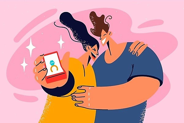 EPS 해외이미지 라이프스타일 커플 여자 남자 분홍색 프로포즈 일러스트 안기 들기 상반신 성인 두명 반짝임 기쁨 로맨틱 반지케이스 약혼반지 성인만 해외202309 해외일러스트 감정 컬러 컨셉 관계 모션 사람 생활 반지 보관함 파일형식 벡터