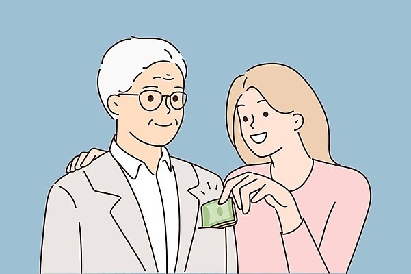 EPS 해외이미지 라이프스타일 여자 할아버지 노년 남자 안경 지폐 일러스트 상반신 성인 두명 절도 꺼내기 나쁜 어깨에손 해외일러스트 잡화 돈 모션 사람 생활 범죄 파일형식 벡터