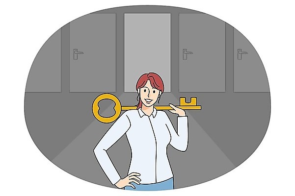 EPS 해외이미지 여자 허리손 일러스트 열쇠 한명 들기 상반신 성인 문 성인여자한명만 해외일러스트 1 포즈 모션 사람 여자한명만 성인여자만 파일형식 벡터