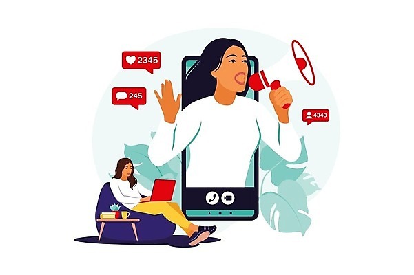 EPS 해외이미지 여자 말풍선 일러스트 비즈니스 탁자 성인 두명 노트북 스마트폰 소파 확성기 알림 온라인 마케팅 소셜미디어 성인여자만 해외202309 해외일러스트 가구 의자 사람 전자제품 핸드폰 스마트기기 여자만 성인만 파일형식 벡터