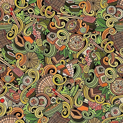 EPS 해외이미지 꽃 백그라운드 잎 패턴 일러스트 젓가락 사람없음 초밥 생선회 라멘 낙서 가득함 김발 해외일러스트 식물 무늬 수저 회 면류 일본음식 파일형식 벡터