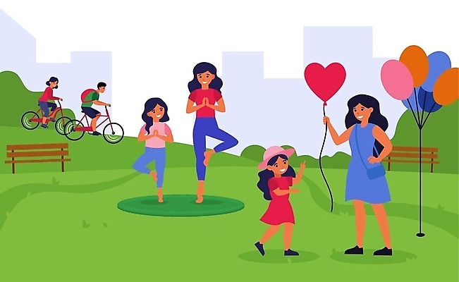 EPS 해외이미지 공원 여자 남자 어린이 벤치 일러스트 요가 가족 함께함 소년 여러명 성인 자전거 하트 주기 풍선 해외202309 해외일러스트 모양 웰빙 공공시설 다수 컨셉 의자 관계 모션 사람 바이크 파일형식 벡터