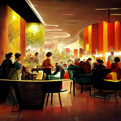 JPG 해외이미지 여자 남자 의자 일러스트 식탁 휴식 여러명 성인 컬러풀 파티 카페 빈티지 분위기 성인만 해외202309 해외일러스트 컬러 가구 다수 컨셉 탁자 사람 이벤트 상점 파일형식