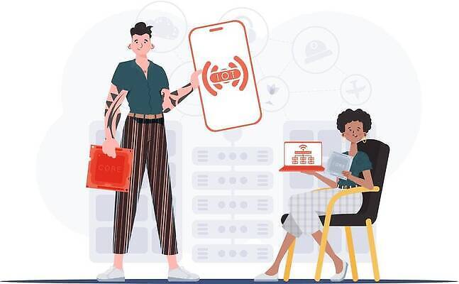 EPS 해외이미지 전신 여자 남자 의자 일러스트 협력 들기 앉기 성인 두명 노트북 스마트폰 사물인터넷 성인만 해외202309 해외일러스트 가구 모션 정보기술 사람 전자제품 핸드폰 스마트기기 파일형식 벡터