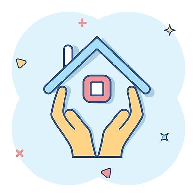 EPS 해외이미지 손 하늘색 일러스트 창문 지붕 주택 굴뚝 신체부위 반짝임 심볼 심플 해외202309 해외일러스트 모션 사람 건물 파란색 파일형식 벡터