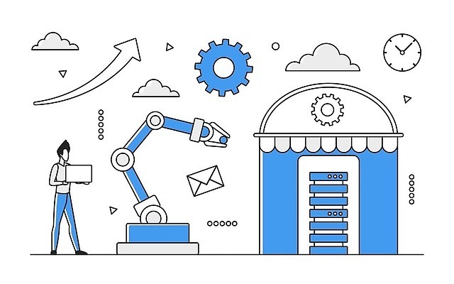 EPS 해외이미지 전신 남자 일러스트 비즈니스 한명 성인 파란색 디지털 기계 정보 운송업 업무 스마트 분석 온라인 경영 데이터베이스 인터페이스 해외202310 해외일러스트 1 산업 컬러 컨셉 사람 작업 파일형식 벡터