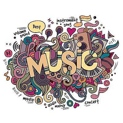EPS 해외이미지 음악 이어폰 일러스트 사람없음 스피커 피아노건반 건반 낙서 가득함 레터링 해외202309 해외일러스트 음향기기 문화예술 피아노 파일형식 벡터