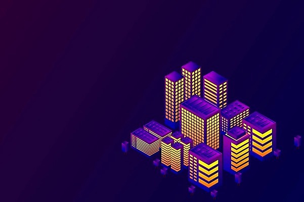 EPS 해외이미지 백그라운드 일러스트 빌딩 사람없음 건물 보라색 도시 네온 아이소메트릭 해외202309 해외일러스트 건축물 컬러 파일형식 벡터