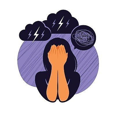 EPS 해외이미지 여자 말풍선 일러스트 스트레스 한명 상반신 성인 보라색 슬픔 좌절 엉킴 먹구름 얼굴가리기 번개모양 우울감 우울증 성인여자한명만 해외202309 해외일러스트 모양 1 감정 컬러 컨셉 사람 가림 질병 번개 여자한명만 성인여자만 파일형식 벡터 구름_자연