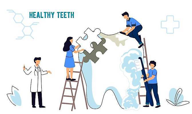 EPS 해외이미지 전신 여자 남자 하늘색 일러스트 사다리 들기 여러명 성인 건강관리 양치 치아 칫솔 치과의사 퍼즐조각 오르기 치과진료 충치 치아건강 성인만 해외202309 해외일러스트 조각 다수 모션 건강 관리 사람 파란색 위생용품 청결 진료 의사 도구 소화기관 퍼즐 질병 파일형식 벡터