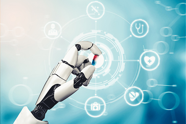 JPG 해외이미지 손 의학 미래 기술 들기 신체부위 파란색 알약 3D 디지털 네트워크 로봇 해외202309 해외포토 포토 컬러 컨셉 모션 사람 약 디지털합성 파일형식