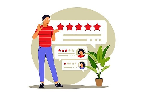 EPS 해외이미지 여자 남자 화분 화초 말풍선 일러스트 비즈니스 성인 세명 가리킴 알림 온라인 리뷰 마케팅 프로필 성인만 해외202309 해외일러스트 식물 사람 손짓 파일형식 벡터