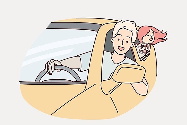 EPS 해외이미지 라이프스타일 여자 남자 여행 일러스트 창문 자동차 상반신 성인 두명 기쁨 운전 강아지 핸들 성인만 흩날리기 해외일러스트 감정 육상교통 모션 사람 생활 반려동물 개 파일형식 벡터