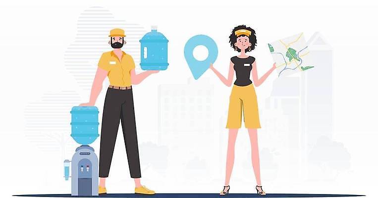 EPS 해외이미지 여자 남자 지도 일러스트 들기 성인 두명 물 노란색 기댐 신선 물통 배송 위치 정수기 성인만 해외202309 해외일러스트 자연요소 컬러 모션 사람 파일형식 벡터