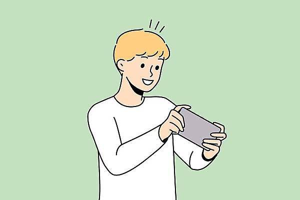 EPS 해외이미지 남자 어린이 일러스트 한명 들기 소년 연두색 스마트폰 게임 즐거움 소년한명만 해외202309 해외일러스트 1 감정 모션 놀이 사람 초록색 핸드폰 스마트기기 남자한명만 소년만 파일형식 벡터