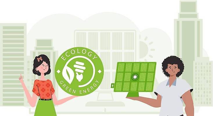 EPS 해외이미지 여자 남자 잎 일러스트 전구 들기 손짓 상반신 성인 두명 초록색 원형 그린에너지 심볼 에코 친환경 집열판 성인만 해외202309 해외일러스트 도형 식물 컬러 모션 사람 환경 에너지 태양에너지 파일형식 벡터