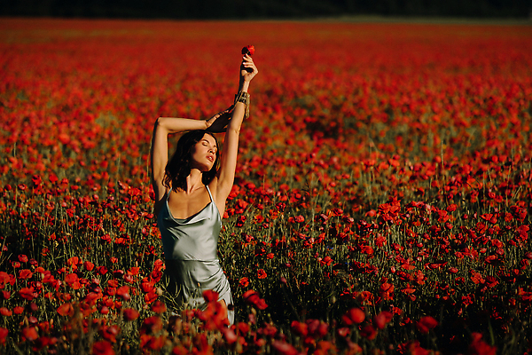 포토 JPG 해외이미지 여자 백그라운드 꽃밭 팔찌 한명 들기 상반신 성인 옆모습 빨간색 손들기 눈감음 화려 양귀비 성인여자한명만 해외202309 해외포토 1 꽃 뷰포인트 컬러 컨셉 장신구 모션 사람 여자한명만 성인여자만 파일형식