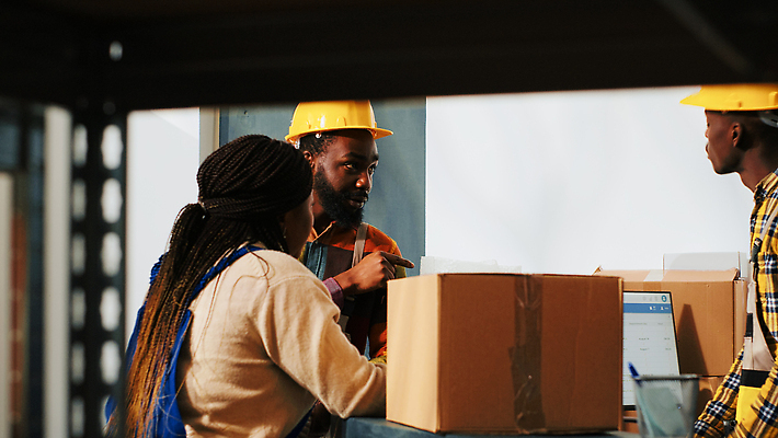 포토 JPG 해외이미지 여자 남자 흑인 노동자 실내 상반신 성인 옆모습 뒷모습 세명 상자 작업 안전모 물류창고 성인만 해외202309 해외포토 서양인 직업 뷰포인트 사람 내부 헬멧 안전장비 창고 파일형식