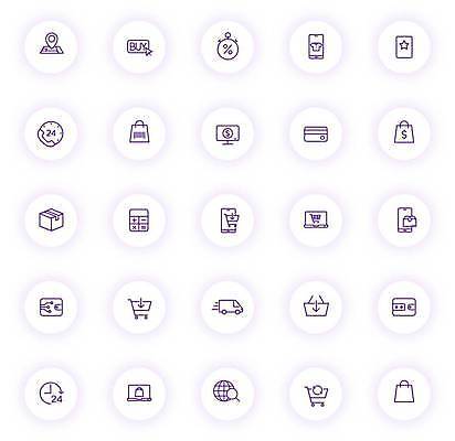 EPS 해외이미지 디자인 선 컬러 인터넷 가방 일러스트 모바일 그림자 선물 빛 세트 픽토그램 라벨 바구니 상점 보라색 웹 카트 표현 원형 주름 시장 구매 심볼 사인 상쾌 상업 윤곽 온라인 전자상거래 UI 업데이트 엘리먼트 벡터 해외202309 해외일러스트 도형 잡화 감정 프레임 쇼핑 파일형식