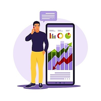 EPS 해외이미지 남자 화살표 일러스트 비즈니스 그래프 한명 서기 성인 스마트폰 보라색 주머니손 통화 성인남자한명만 해외202309 해외일러스트 1 컬러 모션 사람 핸드폰 스마트기기 남자한명만 성인남자만 파일형식 벡터