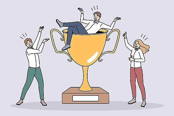 EPS 해외이미지 전신 여자 남자 와이셔츠 일러스트 비즈니스 팔벌리기 앉기 성인 세명 가리킴 트로피 따봉 보여주기 성인만 해외202309 해외일러스트 셔츠 모션 사람 손짓 최고 상_우승 파일형식 벡터