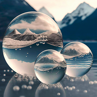 포토 JPG 해외이미지 호수 물결 자연 산 사람없음 반사 물방울 원형 신비 물거품 유리구슬 몽환 해외202309 해외포토 도형 컨셉 유리 거품 구슬 생태계 파일형식