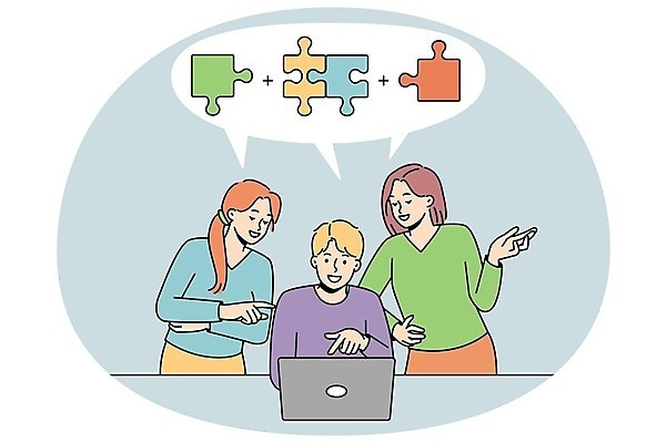 EPS 해외이미지 여자 남자 허리손 말풍선 와이셔츠 일러스트 비즈니스 회의 성인 세명 노트북 팔짱 가리킴 퍼즐 덧셈 성인만 해외202309 해외일러스트 포즈 셔츠 모션 사람 손짓 전자제품 수학 파일형식 벡터