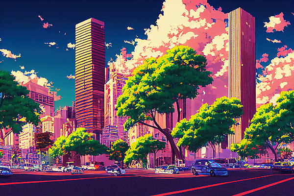 JPG 해외이미지 나무 백그라운드 일러스트 자동차 하늘 빌딩 사람없음 판타지 컬러풀 모던 공상 부에노스아이레스 몽환 해외202309 해외일러스트 식물 육상교통 컬러 컨셉 상상 건물 파일형식