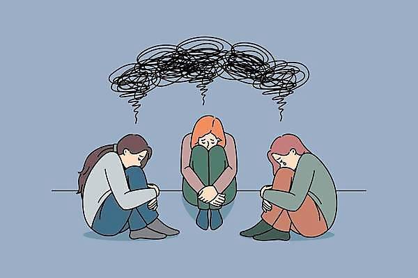 EPS 해외이미지 전신 여자 일러스트 성인 세명 눈감음 눈물 웅크림 우울감 성인여자만 정신건강 해외202309 해외일러스트 감정 모션 건강 사람 여자만 성인만 파일형식 벡터