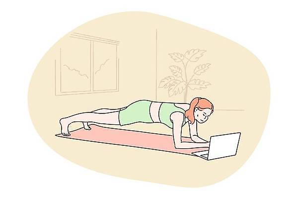 EPS 해외이미지 여자 일러스트 한명 성인 노트북 운동복 건강관리 매트 성인여자한명만 플랭크 해외202309 해외일러스트 1 옷 건강 관리 사람 전자제품 운동 여자한명만 성인여자만 파일형식 벡터