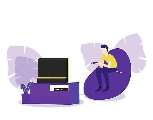 EPS 해외이미지 남자 쿠션 일러스트 한명 앉기 성인 보라색 텔레비전 게임 풀잎 성인남자한명만 해외202309 해외일러스트 1 컬러 잎 모션 놀이 사람 전자제품 풀_식물 남자한명만 성인남자만 파일형식 벡터