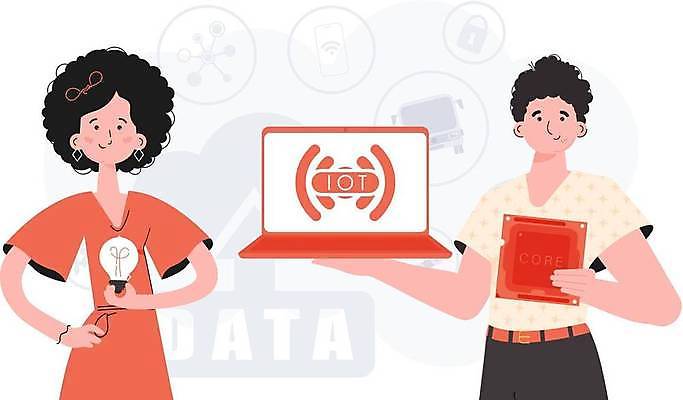 EPS 해외이미지 여자 남자 일러스트 전구 협력 들기 상반신 성인 두명 노트북 사물인터넷 성인만 해외202309 해외일러스트 모션 정보기술 사람 전자제품 파일형식 벡터