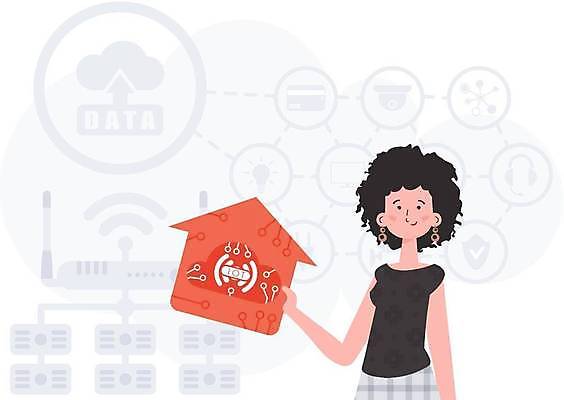 EPS 해외이미지 여자 일러스트 한명 들기 상반신 성인 사물인터넷 성인여자한명만 집모양 해외202309 해외일러스트 모양 1 모션 정보기술 사람 여자한명만 성인여자만 파일형식 벡터