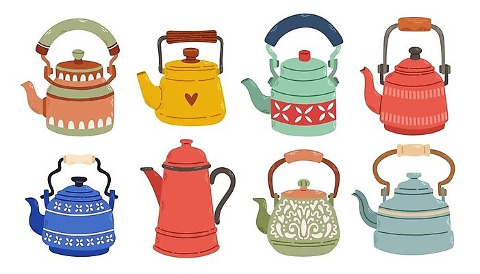 EPS 해외이미지 무늬 일러스트 사람없음 빨간색 초록색 파란색 노란색 찻주전자 엘리먼트 해외202309 해외일러스트 컬러 주전자 파일형식 벡터