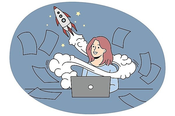 EPS 해외이미지 여자 별 와이셔츠 일러스트 비즈니스 한명 상반신 성인 노트북 로켓 연기 야간 발사 문서 성인여자한명만 흩날리기 해외202309 해외일러스트 자연요소 1 셔츠 모션 사람 전자제품 여자한명만 성인여자만 파일형식 벡터