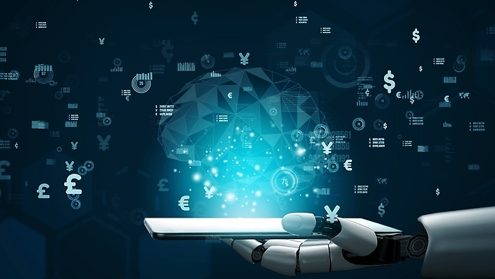 JPG 해외이미지 손 일러스트 그래프 미래 기술 신체부위 파란색 스마트폰 3D 달러 디지털 유로 네트워크 엔 로봇 뇌 해외202309 해외일러스트 컬러 컨셉 돈 사람 핸드폰 스마트기기 디지털합성 파일형식