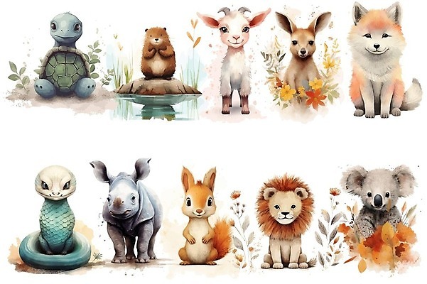 EPS 해외이미지 꽃 일러스트 염소 사람없음 귀여움 풀잎 뱀 거북이 사자 여우 번짐 캥거루 코알라 코뿔소 비버 청설모 해외202309 해외일러스트 식물 컨셉 잎 포유류 파충류 풀_식물 파일형식 벡터 효과