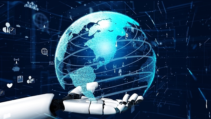 JPG 해외이미지 손 일러스트 미래 기술 들기 신체부위 파란색 지구본 3D 디지털 네트워크 로봇 해외202309 해외일러스트 컬러 컨셉 모션 사람 디지털합성 파일형식