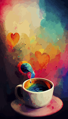 JPG 해외이미지 커피 일러스트 사람없음 컬러풀 카페 빈티지 커피잔 컵받침 그림 복고 카피스페이스 해외202309 해외일러스트 음료 컬러 컨셉 잔 상점 공백 받침대 파일형식