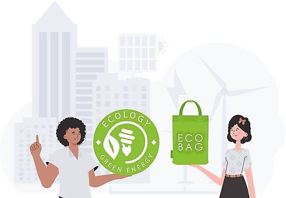 EPS 해외이미지 여자 남자 잎 일러스트 전구 들기 손짓 상반신 성인 두명 초록색 원형 그린에너지 심볼 에코 친환경 에코백 성인만 해외202309 해외일러스트 도형 식물 컬러 가방 모션 사람 환경 에너지 파일형식 벡터