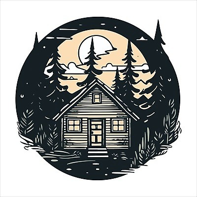 EPS 해외이미지 나무 일러스트 사람없음 검은색 원형 야간 숲속 오두막 심볼 해외202309 해외일러스트 자연요소 도형 식물 컬러 숲 파일형식 벡터