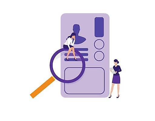 EPS 해외이미지 전신 여자 일러스트 돋보기 서기 들기 앉기 성인 두명 태블릿 보라색 문서 성인여자만 해외202309 해외일러스트 컬러 모션 사람 전자제품 스마트기기 여자만 성인만 파일형식 벡터