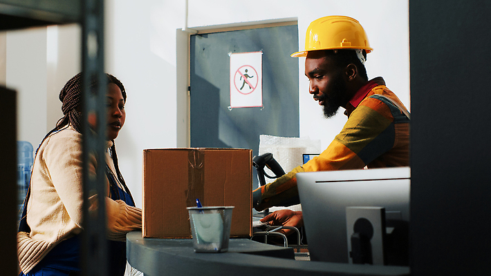 포토 JPG 해외이미지 여자 남자 흑인 노동자 실내 상반신 성인 두명 옆모습 상자 작업 안전모 물류창고 성인만 해외202309 해외포토 서양인 직업 뷰포인트 사람 내부 헬멧 안전장비 창고 파일형식