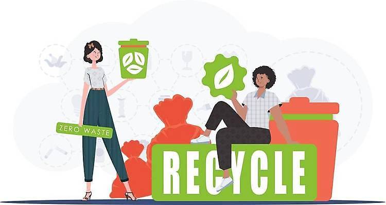 EPS 해외이미지 전신 여자 일러스트 들기 성인 두명 재활용 쓰레기통 보호 쓰레기 심볼 에코 친환경 성인여자만 해외202309 해외일러스트 컨셉 모션 사람 환경 여자만 성인만 파일형식 벡터