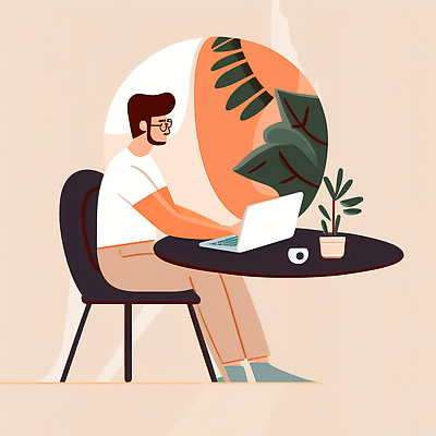 JPG 해외이미지 남자 화분 화초 의자 일러스트 한명 앉기 성인 노트북 책상 프리랜서 성인남자한명만 안경낌 해외202309 해외일러스트 식물 직업 1 안경 가구 모션 사람 전자제품 남자한명만 성인남자만 파일형식