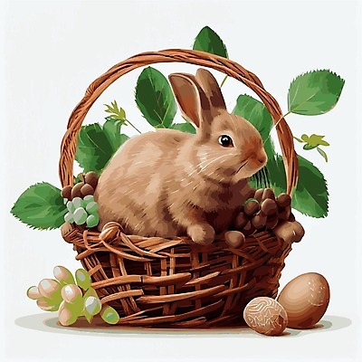 EPS 해외이미지 한마리 잎 일러스트 사람없음 바구니 토끼 부활절계란 해외202309 해외일러스트 식물 1 포유류 부활절 반려동물 계란 파일형식 벡터