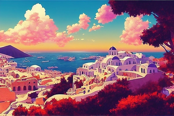 JPG 해외이미지 바다 백그라운드 일러스트 하늘 사람없음 건물 판타지 컬러풀 그리스 공상 몽환 해외202309 해외일러스트 건축물 유럽 컬러 컨셉 상상 파일형식