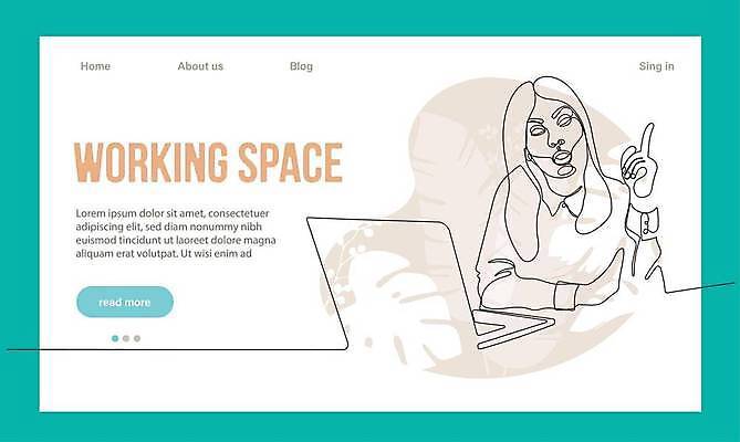 EPS 해외이미지 여자 일러스트 한명 손짓 상반신 성인 노트북 비즈니스우먼 성인여자한명만 코워킹스페이스 해외202309 해외일러스트 1 비즈니스 모션 사람 전자제품 직장인 여자한명만 성인여자만 파일형식 벡터 공유경제