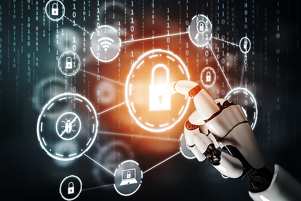 JPG 해외이미지 손 일러스트 미래 자물쇠 기술 신체부위 파란색 3D 디지털 터치 가리킴 네트워크 로봇 보안 해외202309 해외일러스트 컬러 컨셉 안전 사람 손짓 디지털합성 파일형식