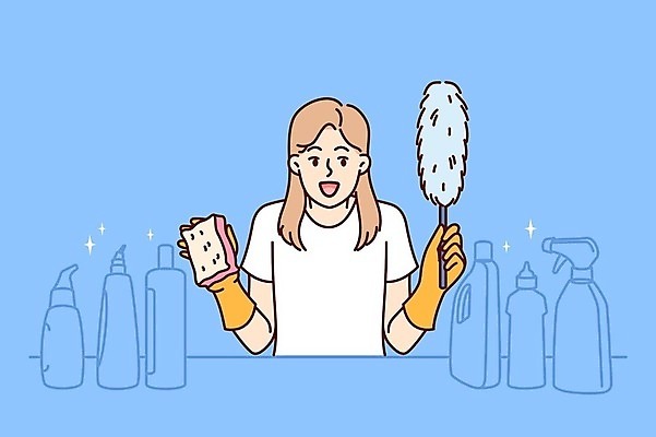 EPS 해외이미지 여자 일러스트 한명 서기 들기 상반신 성인 청결 청소도구 청소 세제 만족 주부 성인여자한명만 해외202309 해외일러스트 1 감정 모션 사람 도구 위생 여자한명만 성인여자만 파일형식 벡터